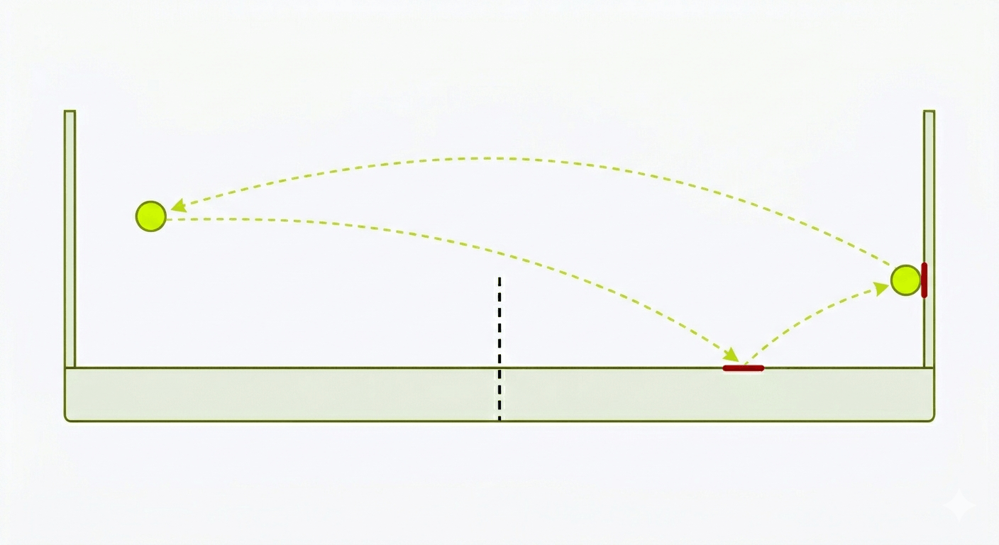 Off the glass — After that floor bounce, the ball can rebound off your own glass — and you can still play it back over the net.