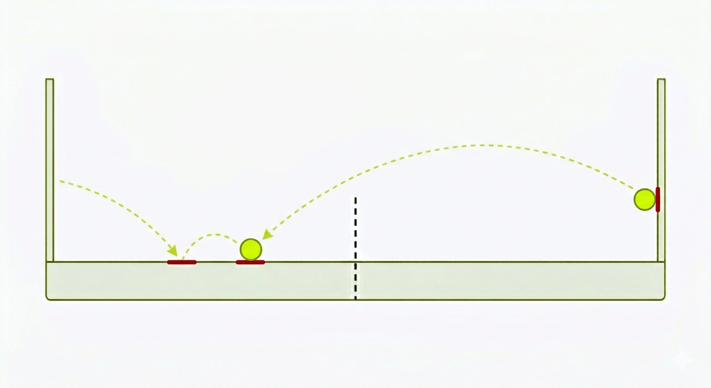 The point ends — A rally ends when the ball bounces twice, hits the mesh fence on the full, or a team can't return it. Win the rally, win the point.