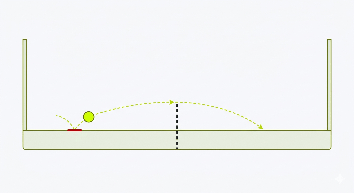The serve — It bounces behind the line, then is struck underarm into the box diagonally across the net.